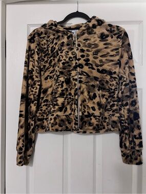 Juicy Couture Leopard Print Teddy Zip Hoodie - Tan & Black